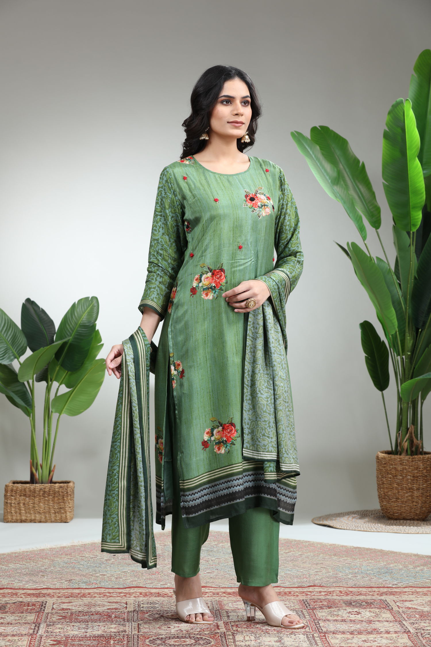 Green 3 Piece Suit Set With Dupatta